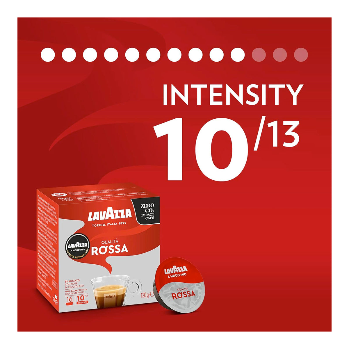 Lavazza Intensity 10/13 coffee capsule box and single pod on a red background with white text.