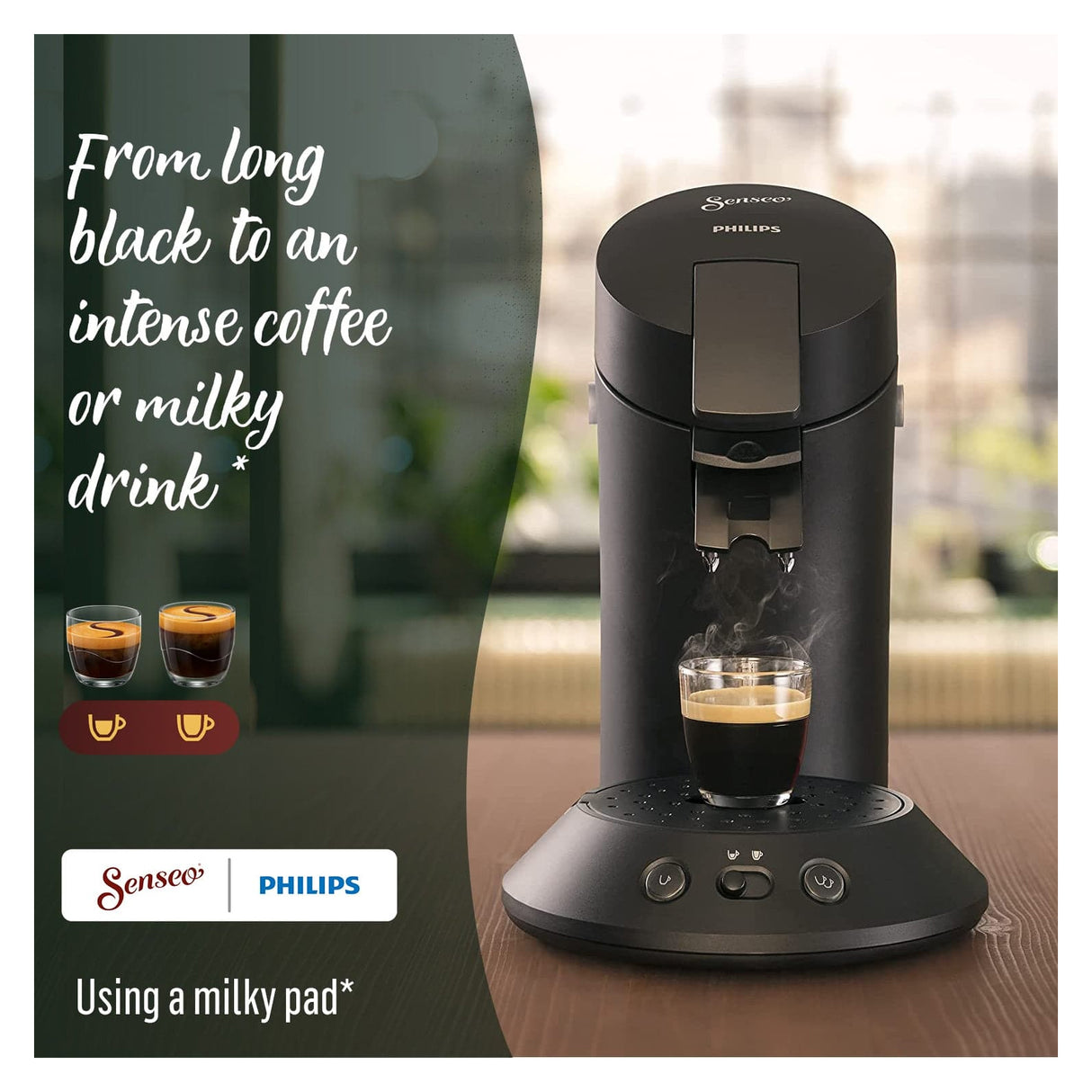 Philips Senseo coffee machine dispensing a cup of coffee with text on the left.