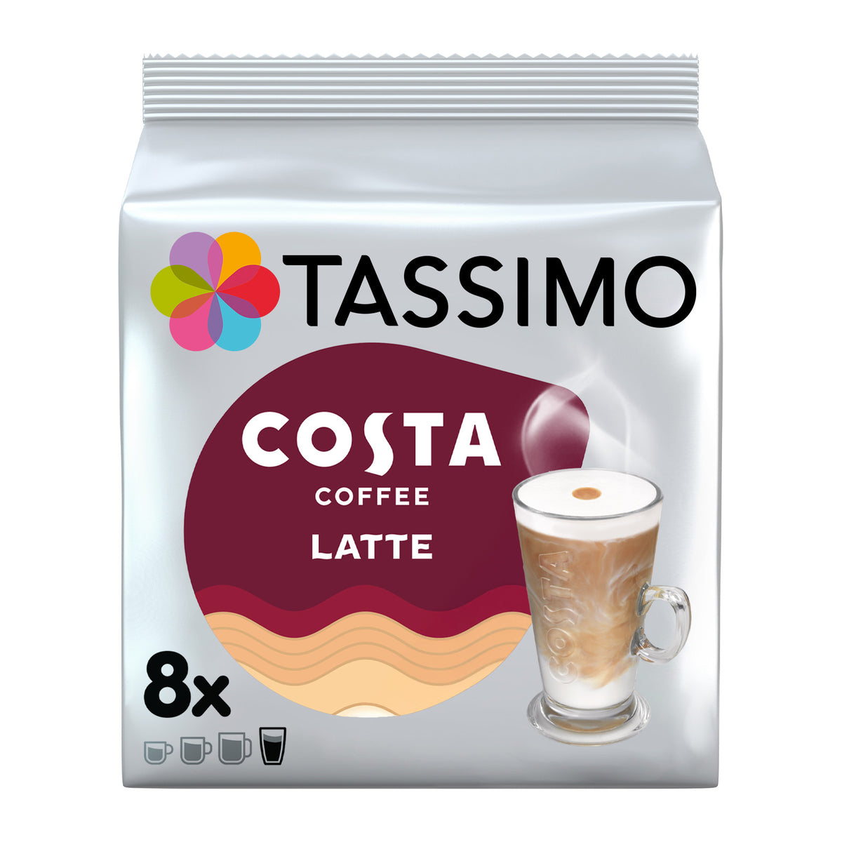 A package of Tassimo Costa Coffee Latte, 8x count, in a silver foil bag with a colorful logo and an illustration of a latte cup.