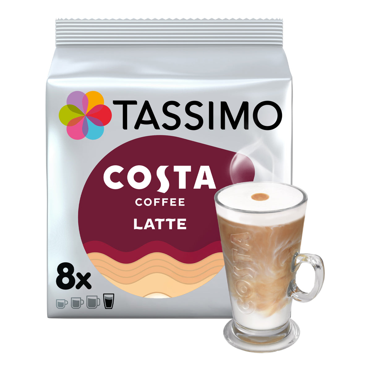 A package of Tassimo Costa Coffee Latte capsules shown on a white background, alongside a glass of layered coffee latte.