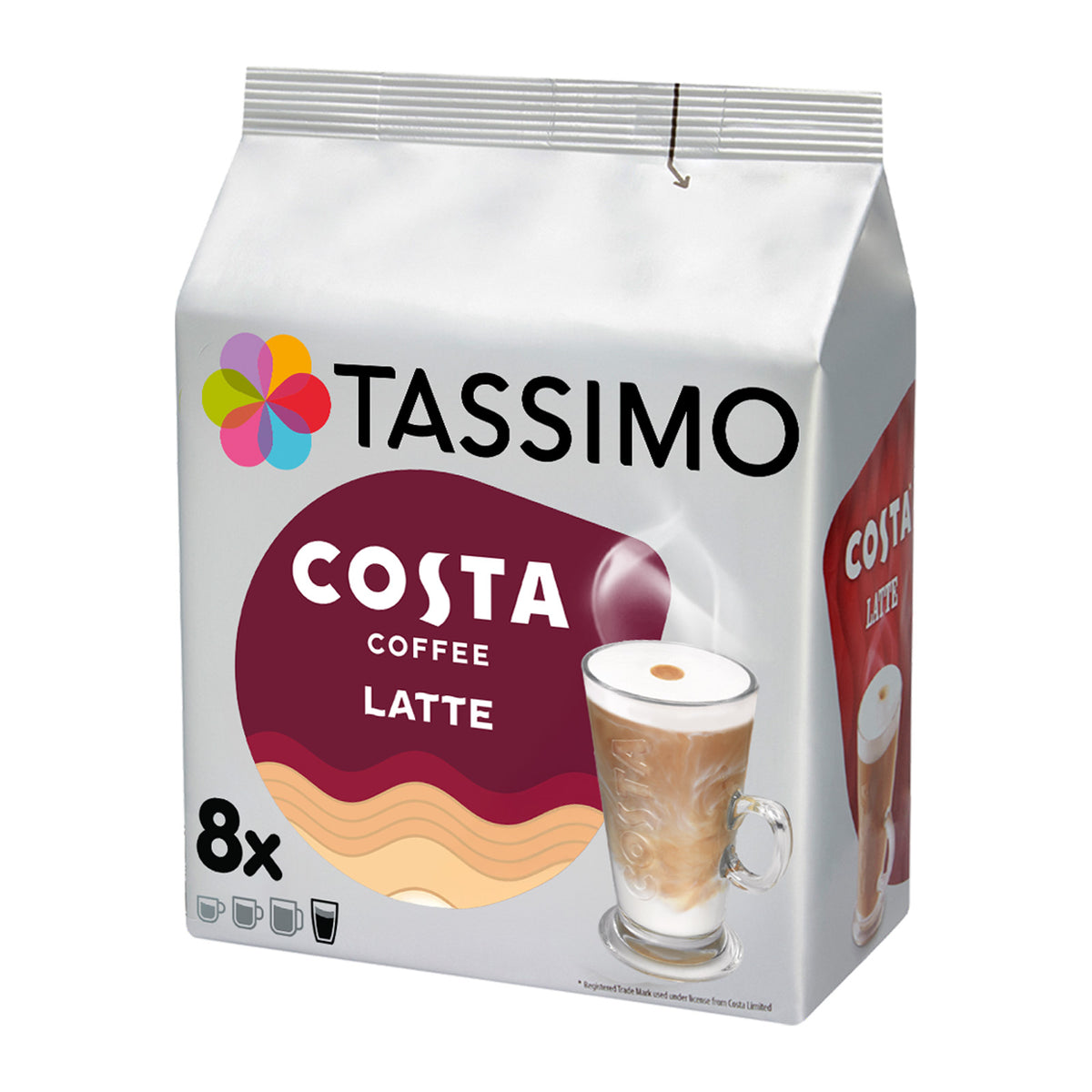 A package of Tassimo Costa Coffee Latte, 8x count, in a silver stand-up pouch with a colourful logo and an illustration of a coffee latte on a white background.