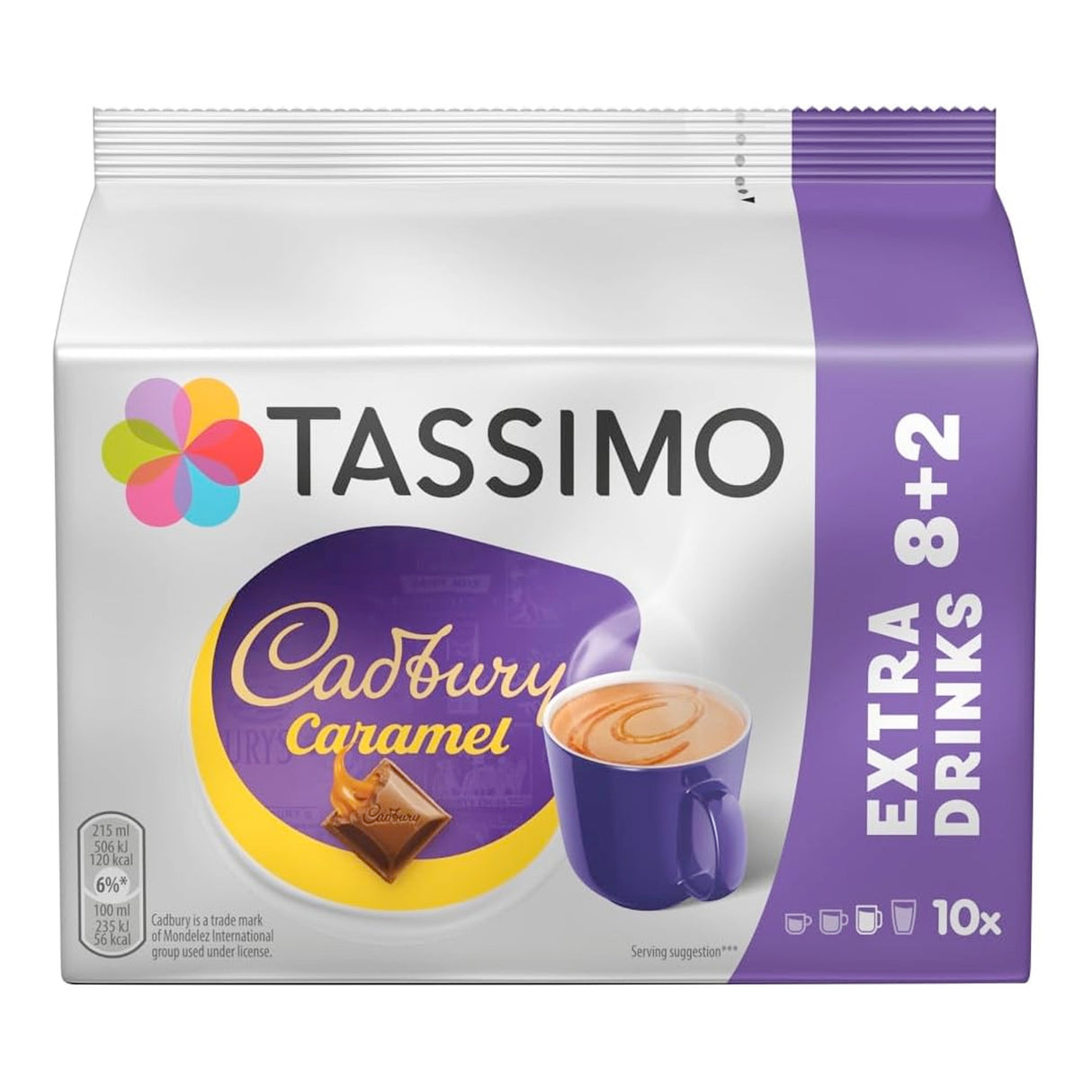 Tassimo Cadbury Caramel coffee pod package on a white background