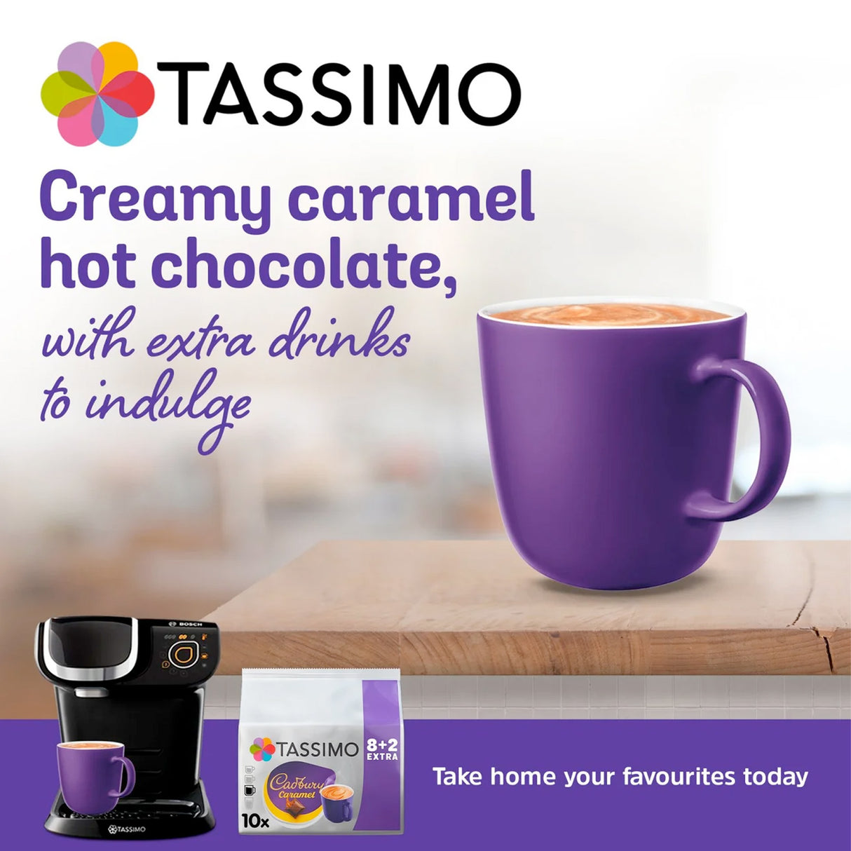 TASSIMO promotional image with a purple mug of hot chocolate, TASSIMO machine, and packaging.