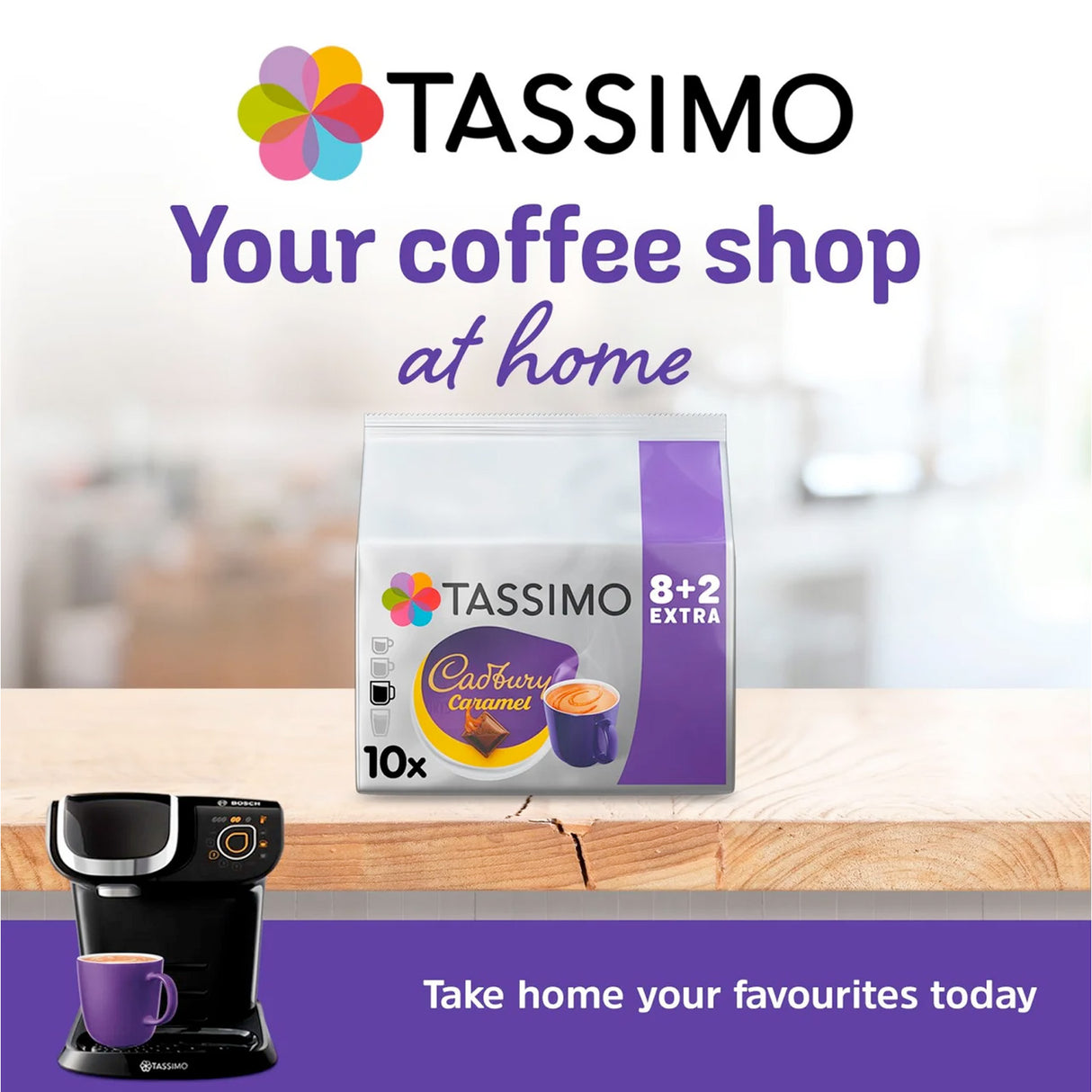 Tassimo coffee pod packaging with a Tassimo coffee machine on a wooden surface.
