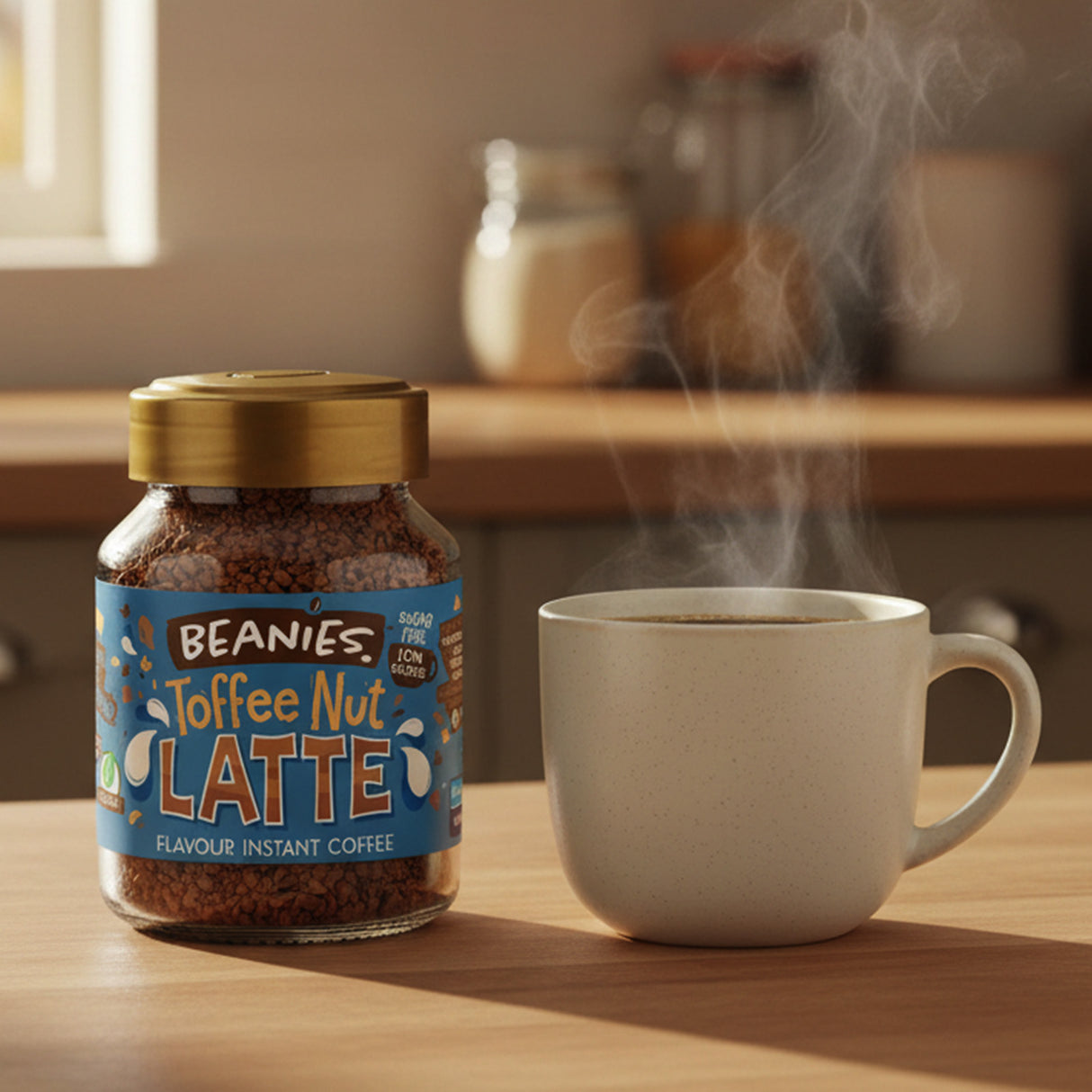 Jar of Beanies Toffee Nut Latte instant coffee with a steaming cup on a wooden surface.