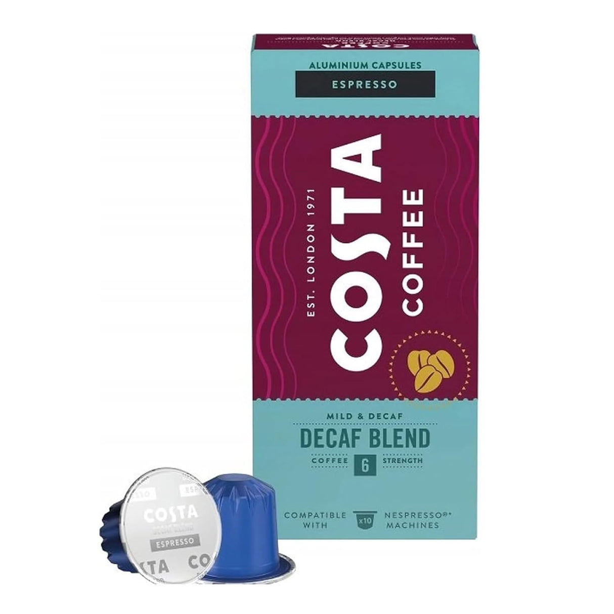 Costa Coffee Decaf Blend Espresso 10 Capsule Nespresso Compatible Pods
