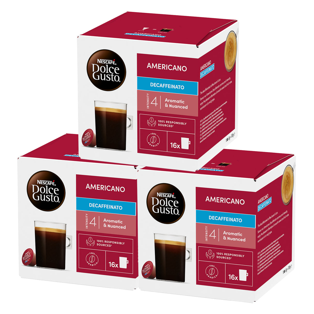 Three boxes of Dolce Gusto Americano Decaffeinated coffee pods on a white background