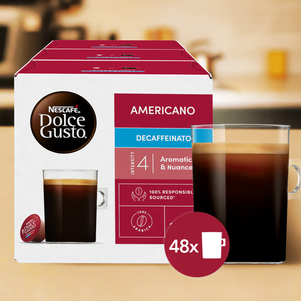 Nescafe Dolce Gusto Americano Decaffeinato coffee pod box with a glass of coffee on a kitchen background