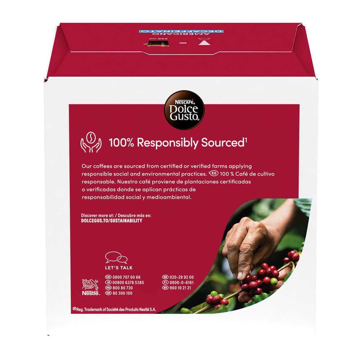 Dolce Gusto coffee pod packaging with responsible sourcing information