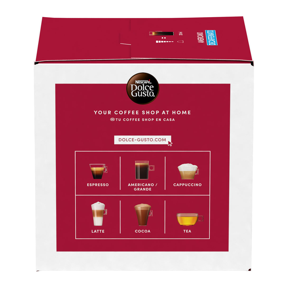Dolce Gusto coffee machine packaging with Dolce Gusto branding and coffee types displayed.