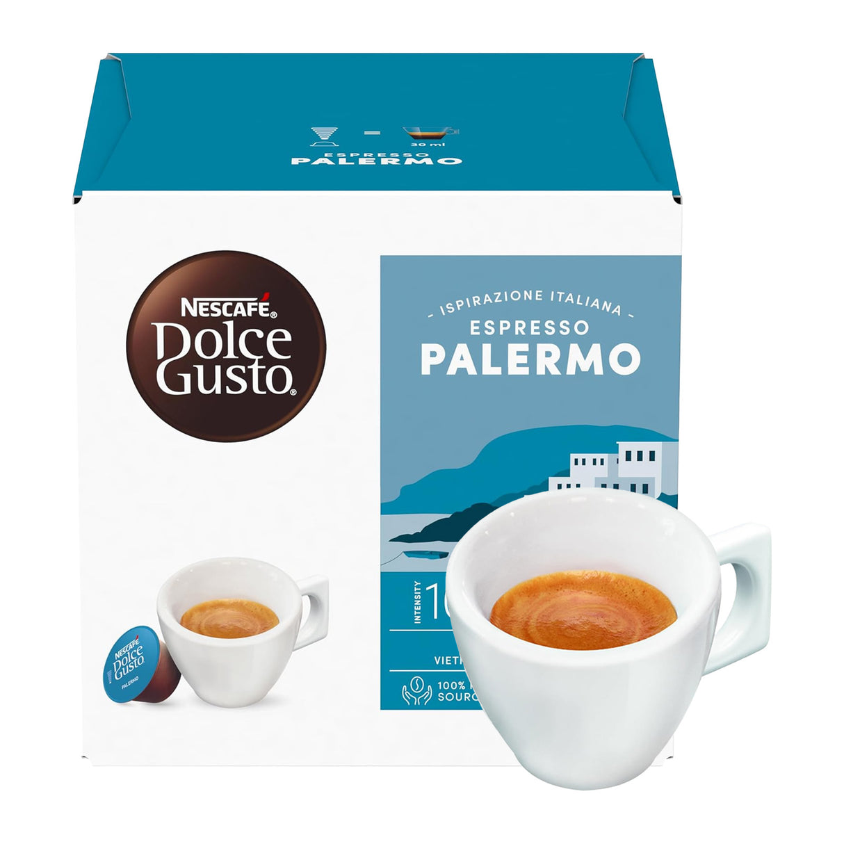 Nescafe Dolce Gusto Espresso Palermo coffee pod packaging with a cup of coffee.