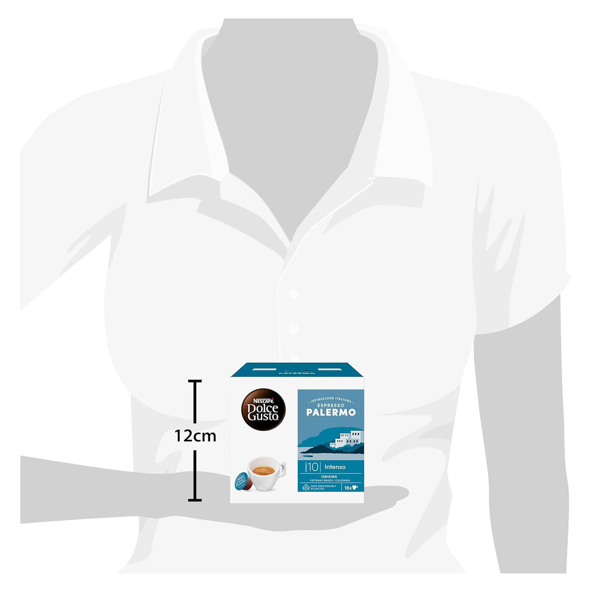 Dolce Gusto coffee capsule packaging held by a mannequin against a white background