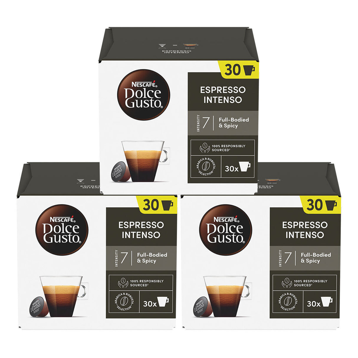 Three boxes of Nescafe Dolce Gusto Espresso Intenso coffee capsules on a white background