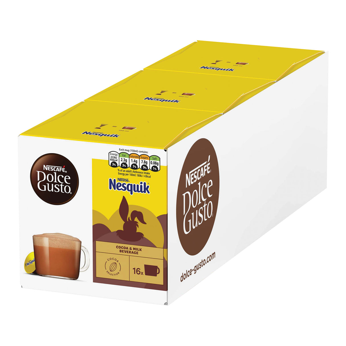 Box of Nescafe Dolce Gusto Nesquik coffee pods on a white background
