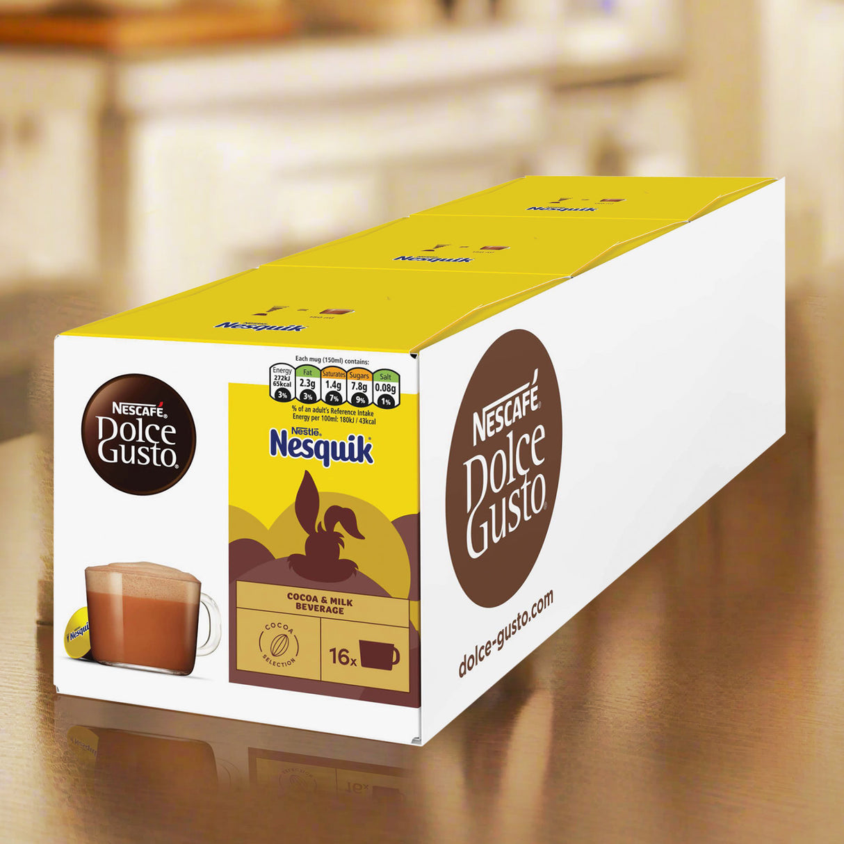 Box of Nescafe Dolce Gusto and Nestle Nesquik on a wooden surface
