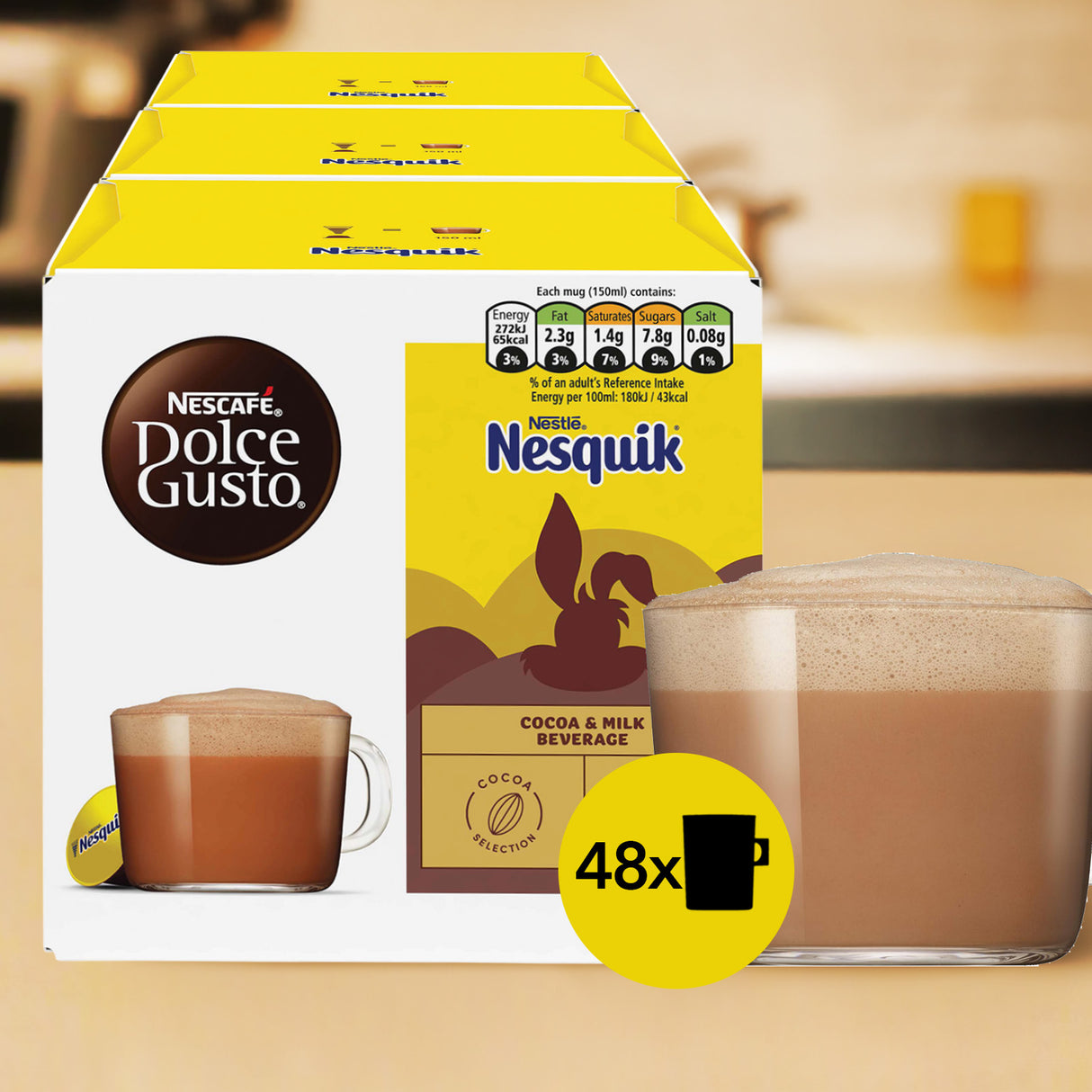 Nescafe Dolce Gusto and Nesquik packaging with a glass of cocoa.