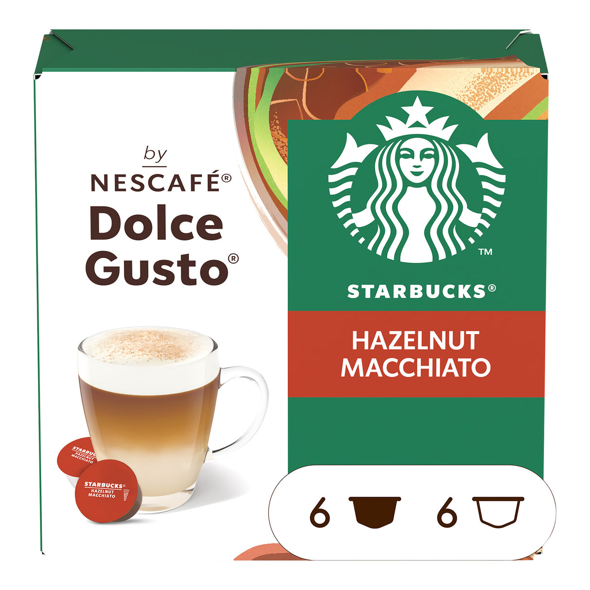 Starbucks Hazelnut Macchiato coffee pod packaging by Nescafe Dolce Gusto on a white background