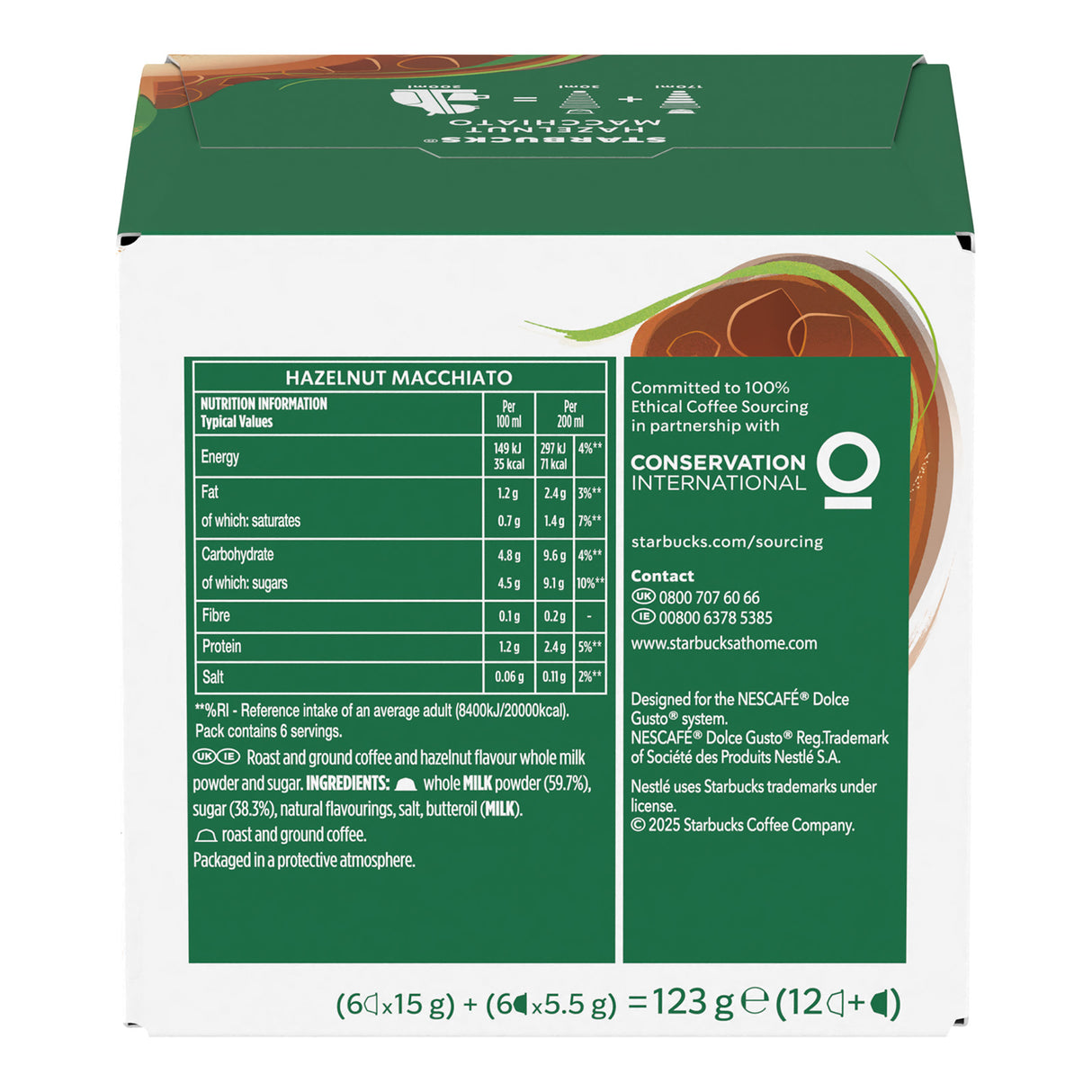 Starbucks hazelnut macchiato packaging with nutritional information and branding details.