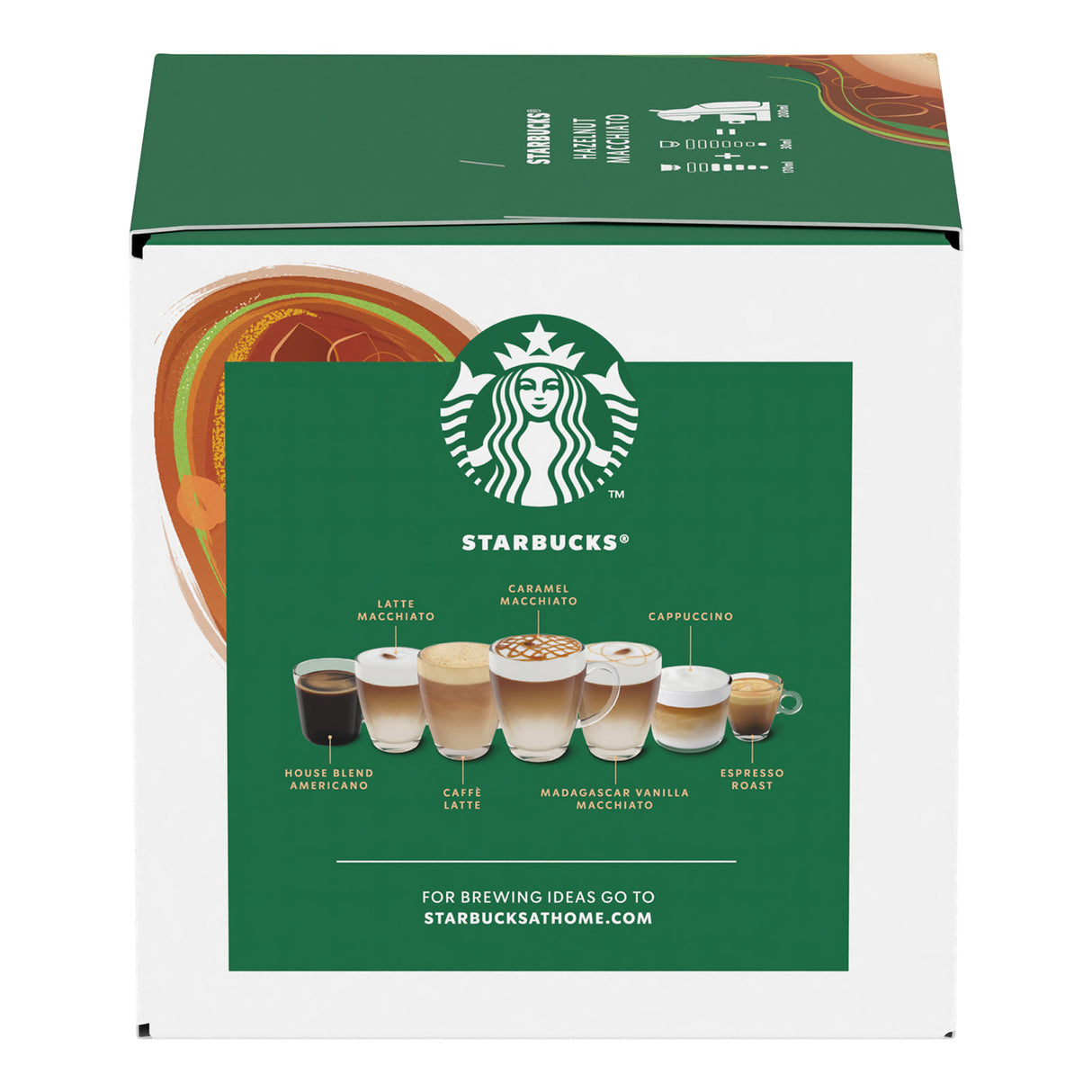 Starbucks coffee packaging with various coffee types on a green background