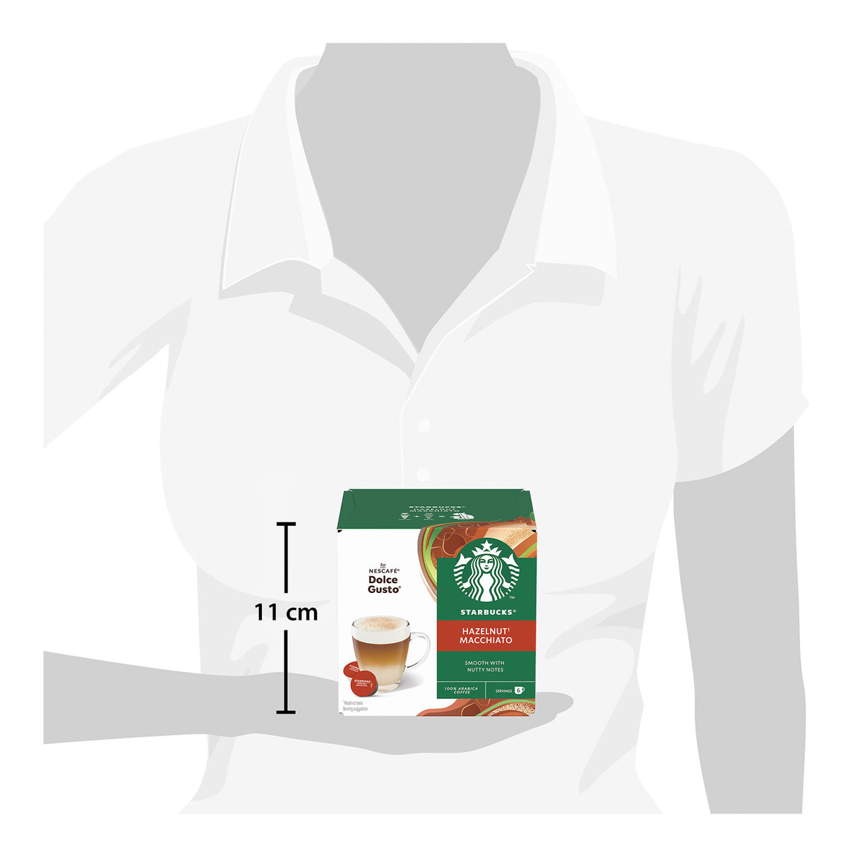 Starbucks Hazelnut Macchiato coffee package held by a mannequin arm with measurement label.