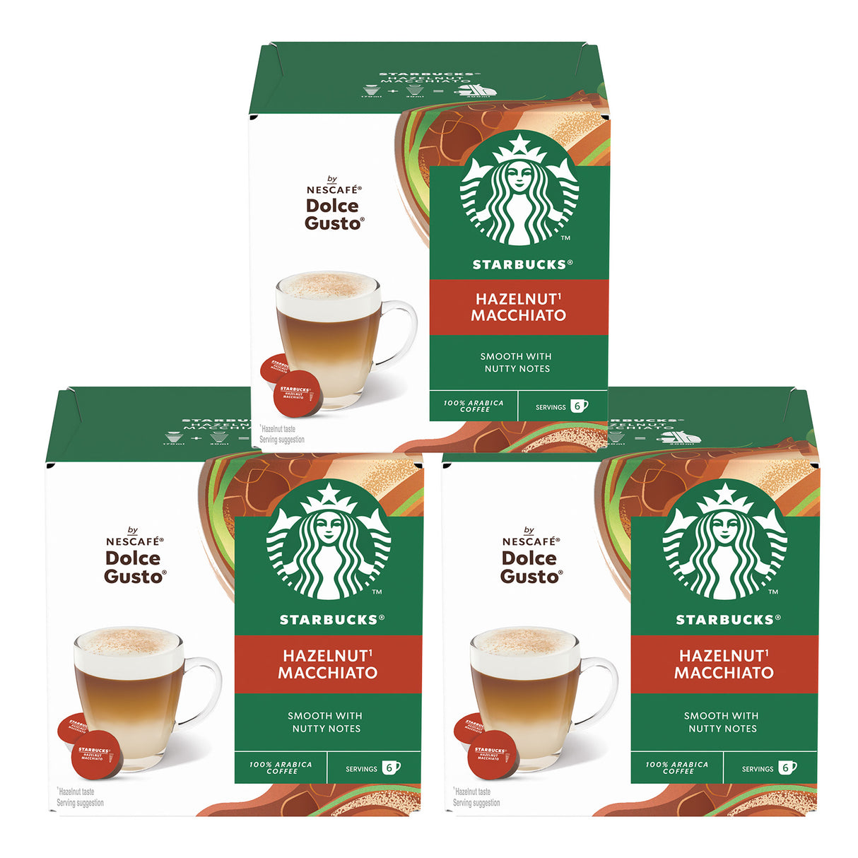 Starbucks Hazelnut Macchiato coffee pods for Dolce Gusto on a white background