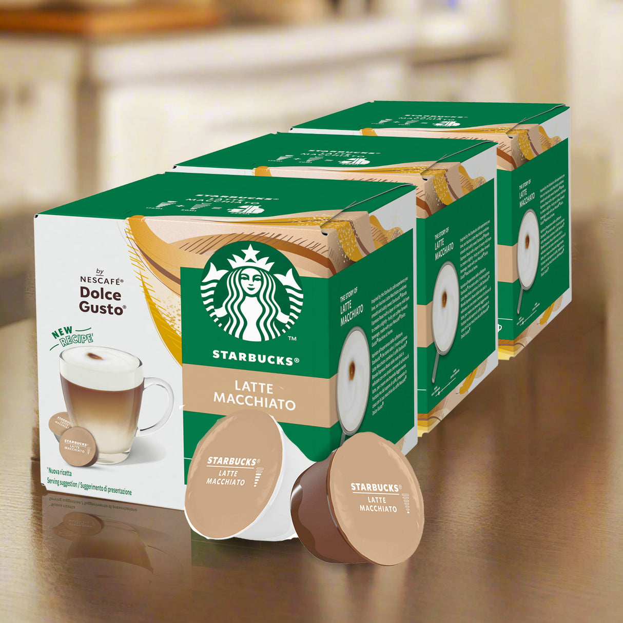 Nescafé Dolce Gusto Starbucks Latte Macchiato 3pack in kitchen