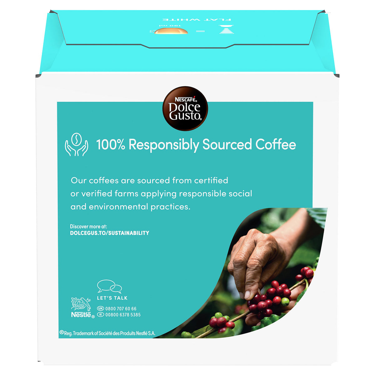 Nespresso Dolce Gusto coffee box packaging, featuring a white and teal design with a circular Dolce Gusto logo and a graphic of a hand picking coffee cherries.