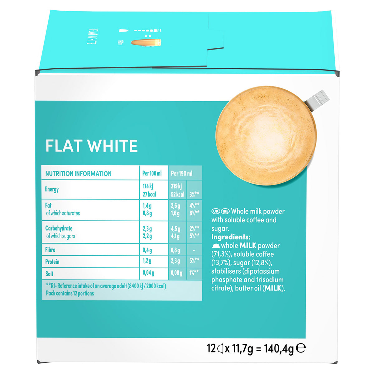 A turquoise and white product box for Flat White whole milk powder, showing a nutrition facts panel, ingredients list, and a latte art photo on the front.