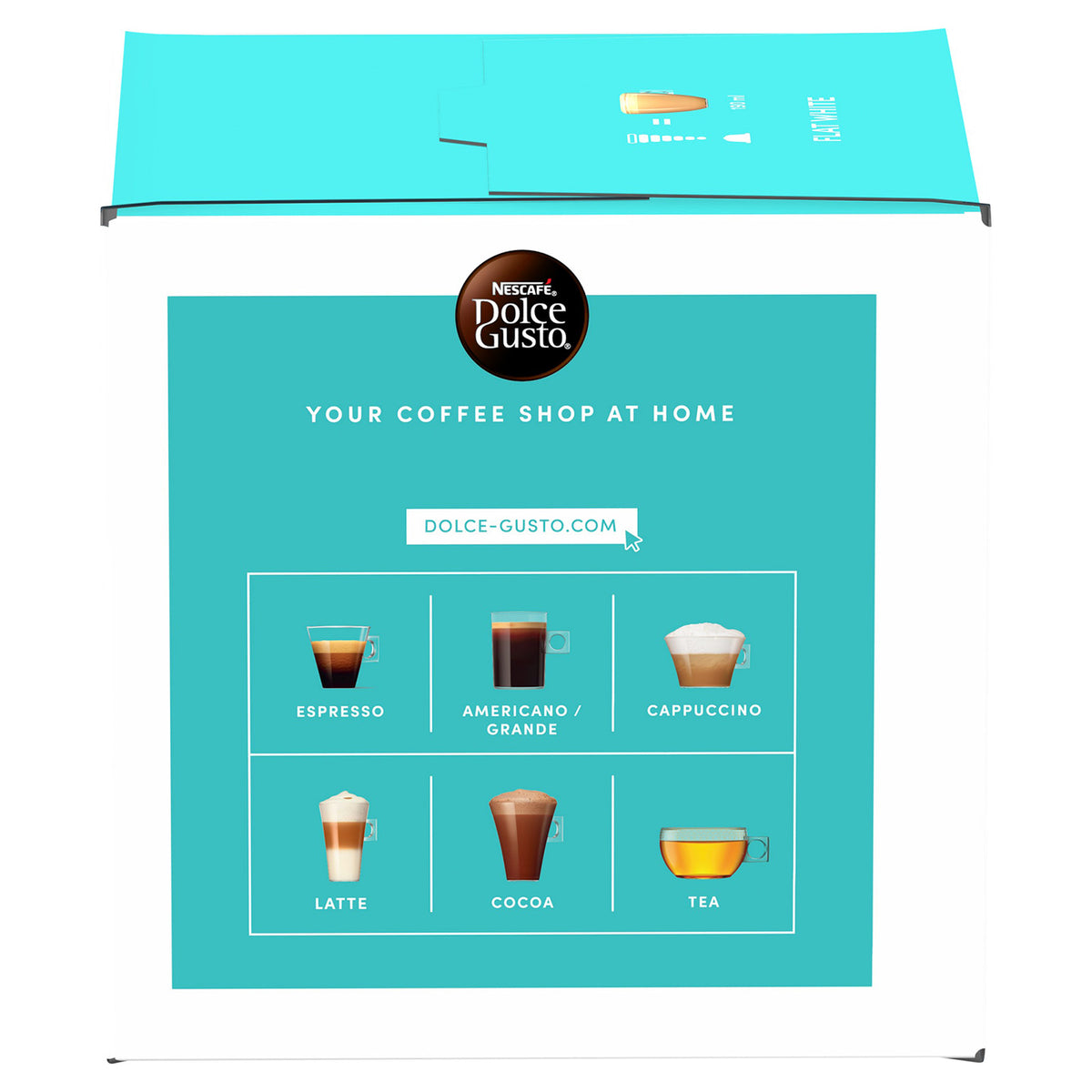 Nescafé Dolce Gusto coffee machine accessory packaging box, featuring a white outer box with a large turquoise front panel showing six coffee and tea options: espresso, americano grande, cappuccino, latte, cocoa, and tea.