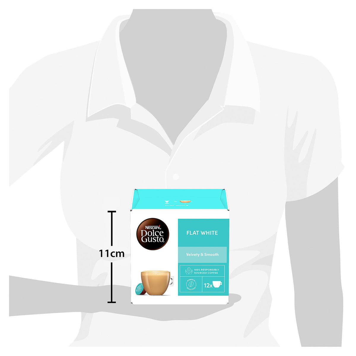 A product packaging diagram showing a box of Nespresso Dolce Gusto Flat White coffee pods, labeled with a height of 11cm, set against a gray silhouette of a white polo shirt.