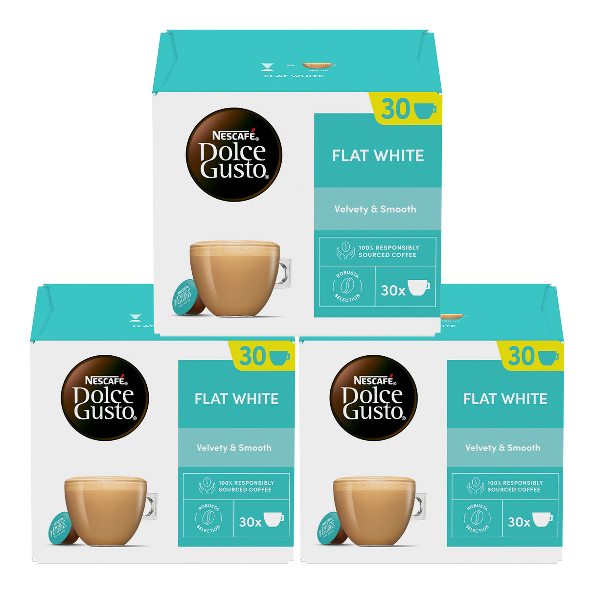 Three boxes of Nescafe Dolce Gusto Flat White x30 coffee pods on a white background