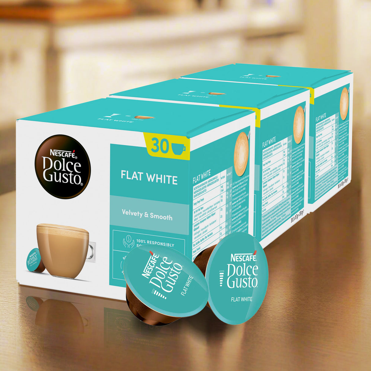 Box of Nestèlé Dolce Gusto Flat White Magnum pack case on a wooden surface.