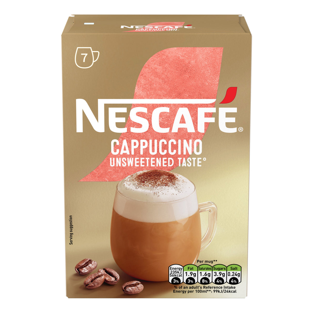 Nescafe Cappuccino box with a cup of cappuccino and coffee beans on a beige background