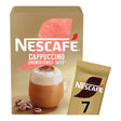 Nescafe Cappuccino packaging with a cup of cappuccino and coffee beans on a beige background
