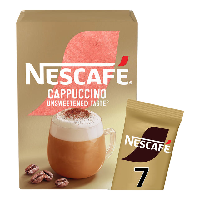 Nescafe Cappuccino packaging with a cup of cappuccino and coffee beans on a beige background