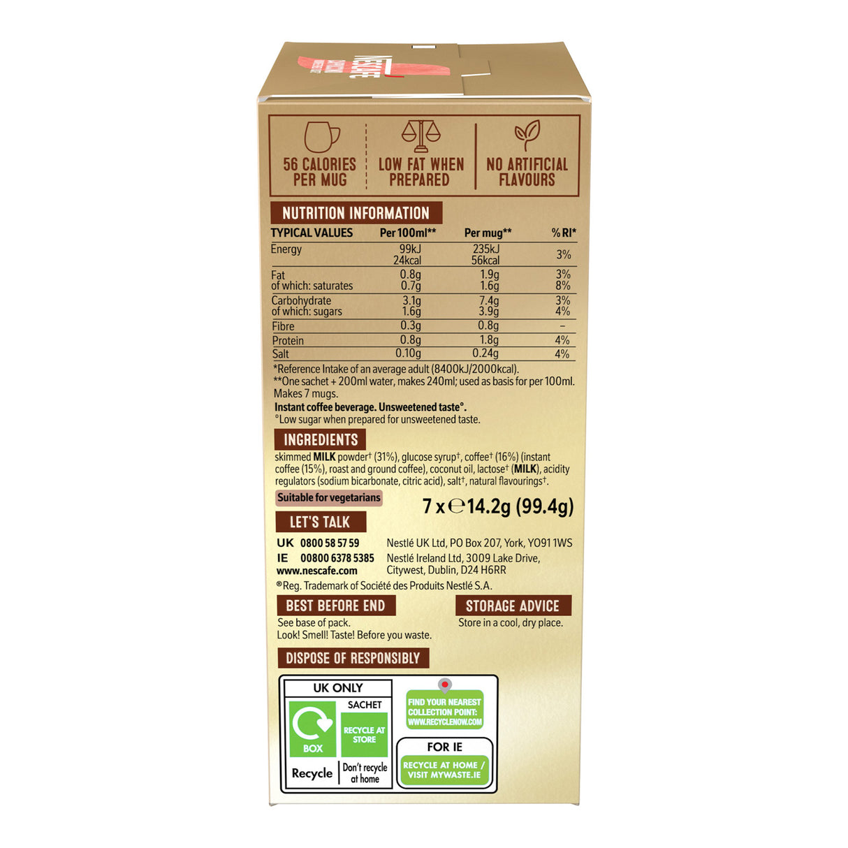 Box of instant coffee with nutrition information and ingredients listed on a white background