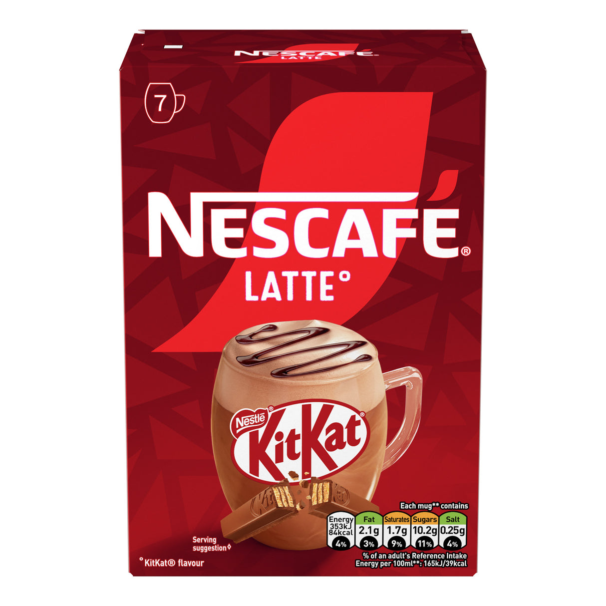 Nescafe Latte with KitKat packaging on a red background