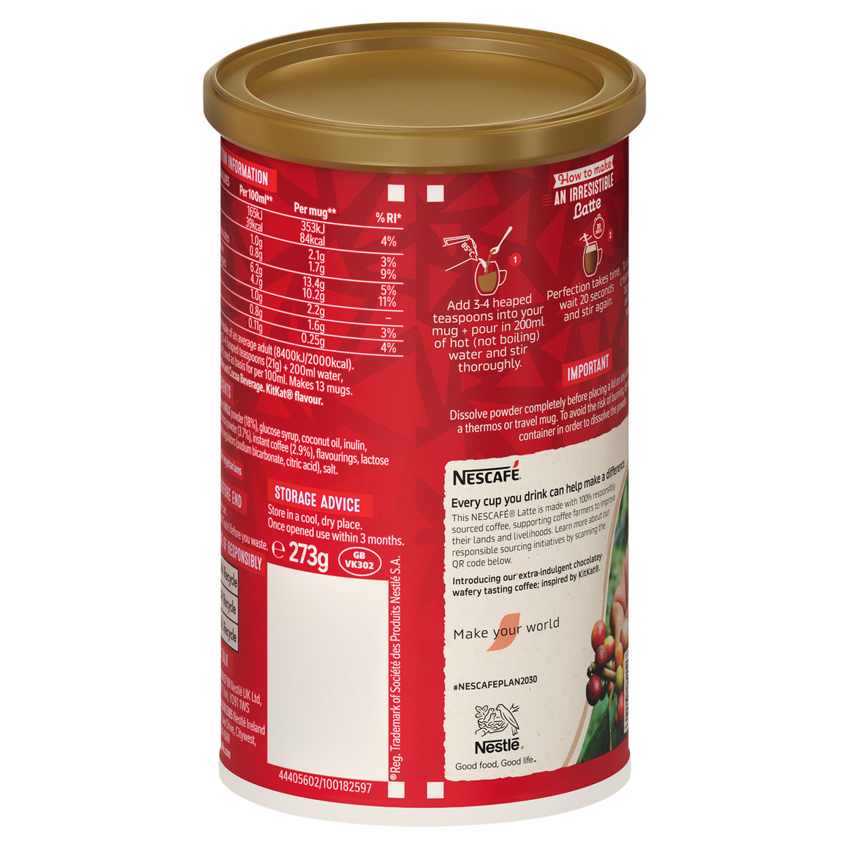 Nescafe Kitkat Latte Chocolate Latte Tub reverse side