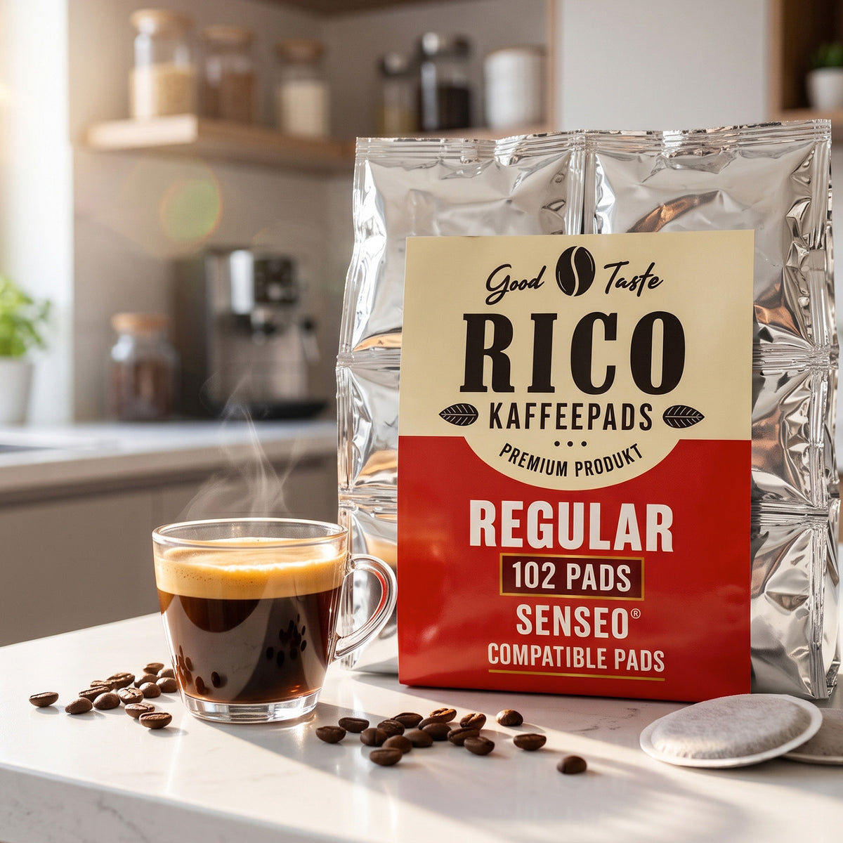 A bag of Rico Kaffeepads Regular Senseo compatible coffee filters stands on a kitchen counter next to a steaming cup of espresso, with scattered coffee beans and a coffee maker blurred in the background.