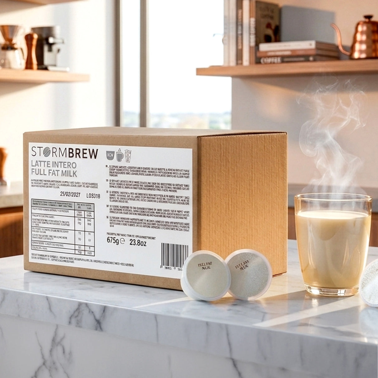 Box of Storm Brew milk with two milk pods and a glass of steaming milk on a marble surface.