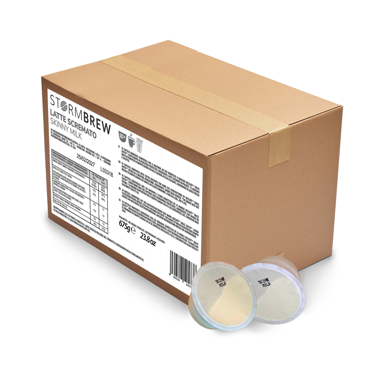 Cardboard box of Stormbrew coffee pods with two pods in the foreground on a white background