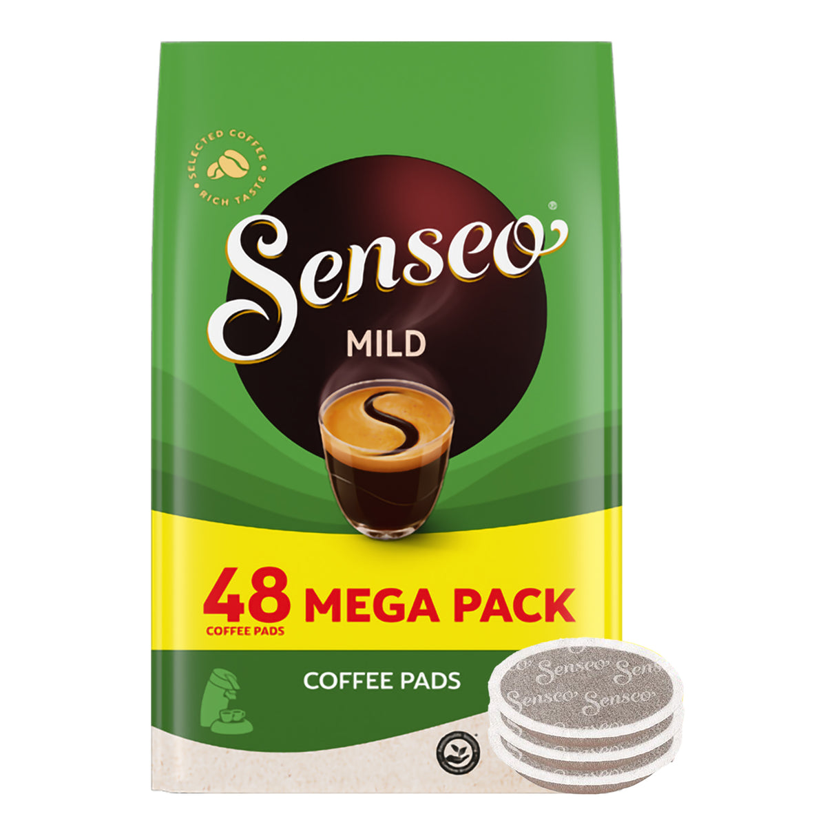 Senseo Mild coffee pads packaging with a stack of pads on a white background