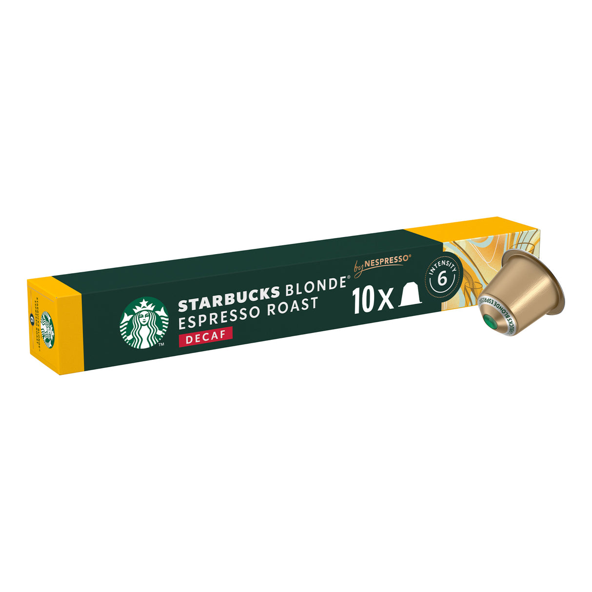 Starbucks Blonde Espresso Roast decaf coffee capsule packaging on a white background
