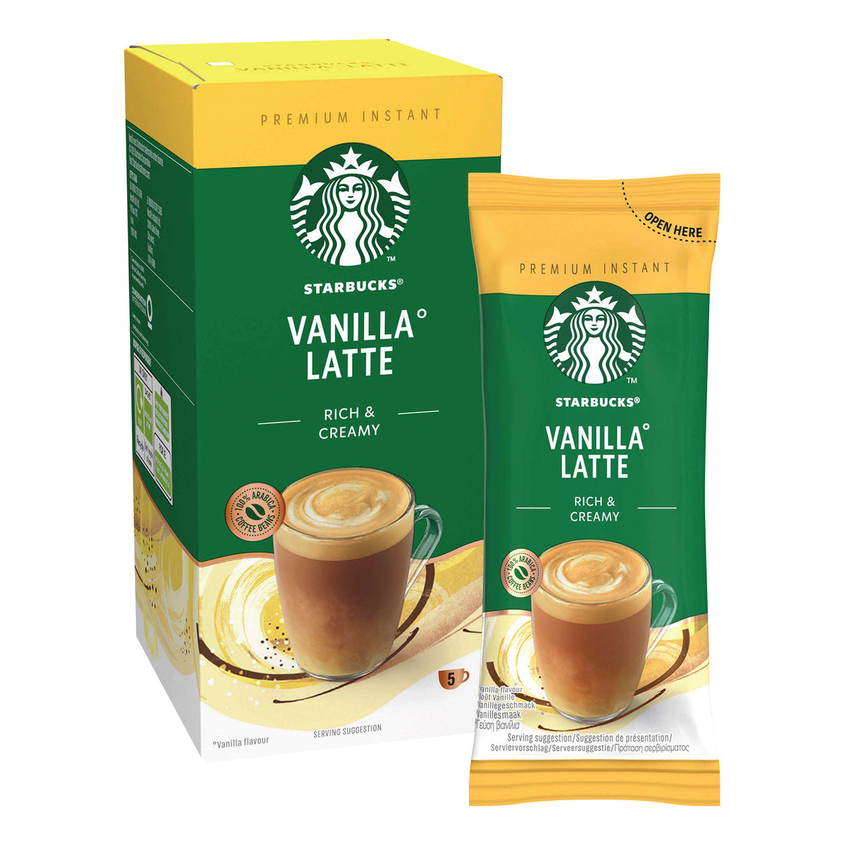Starbucks Vanilla Latte packaging including box and single packet on a white background