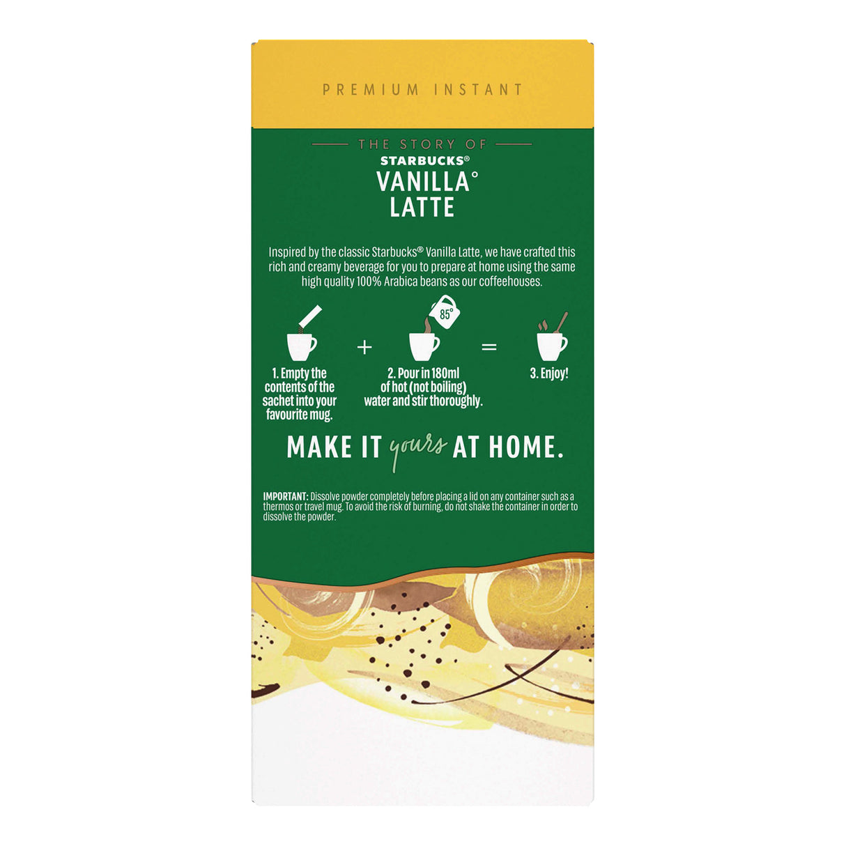 Starbucks Vanilla Latte instant coffee package with green and yellow design.