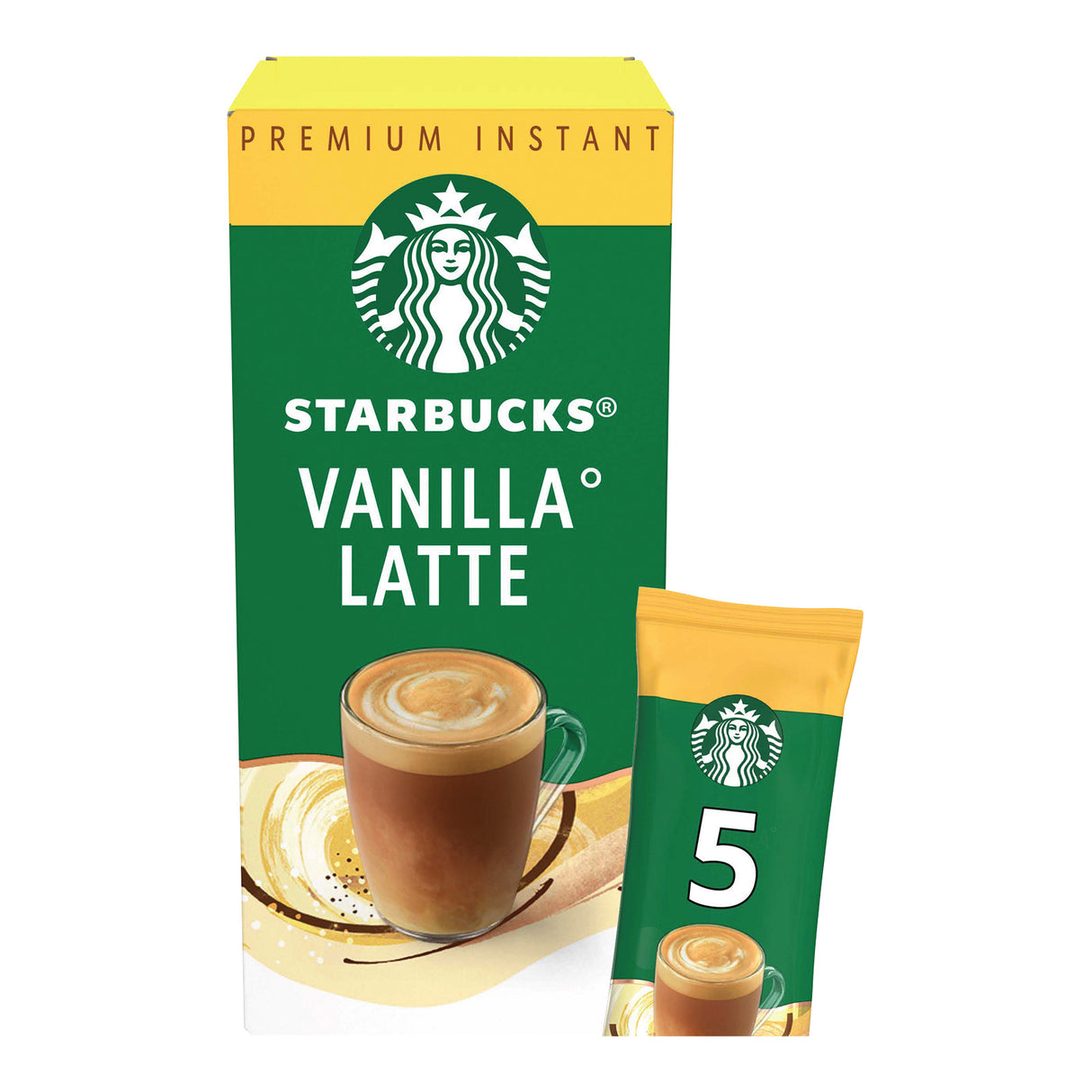 Starbucks Vanilla Latte instant coffee packaging on a white background