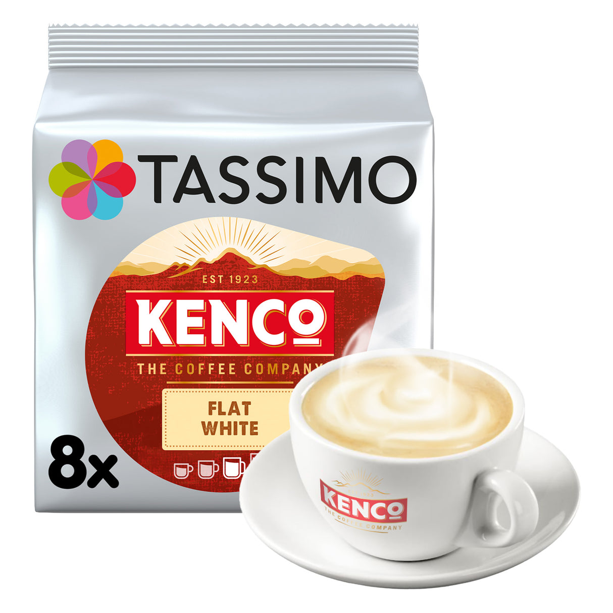 Tassimo Kenco Flat White Pack with steaming cup