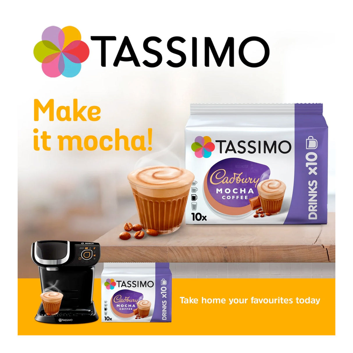 Tassimo Cadbury Mocha coffee packaging with a coffee machine and mocha cup on a wooden surface.