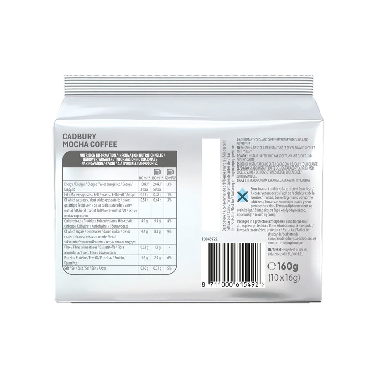 Back view of a Cadbury Mocha Coffee package with text and bar code on a white background