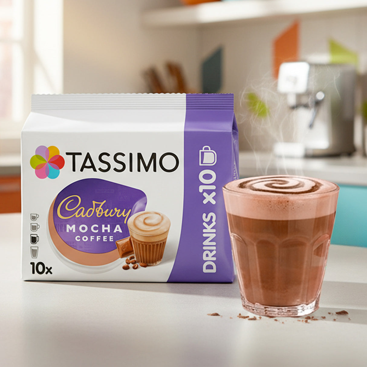 Tassimo Cadbury Mocha coffee in a kitchen with a steaming cup of mocha